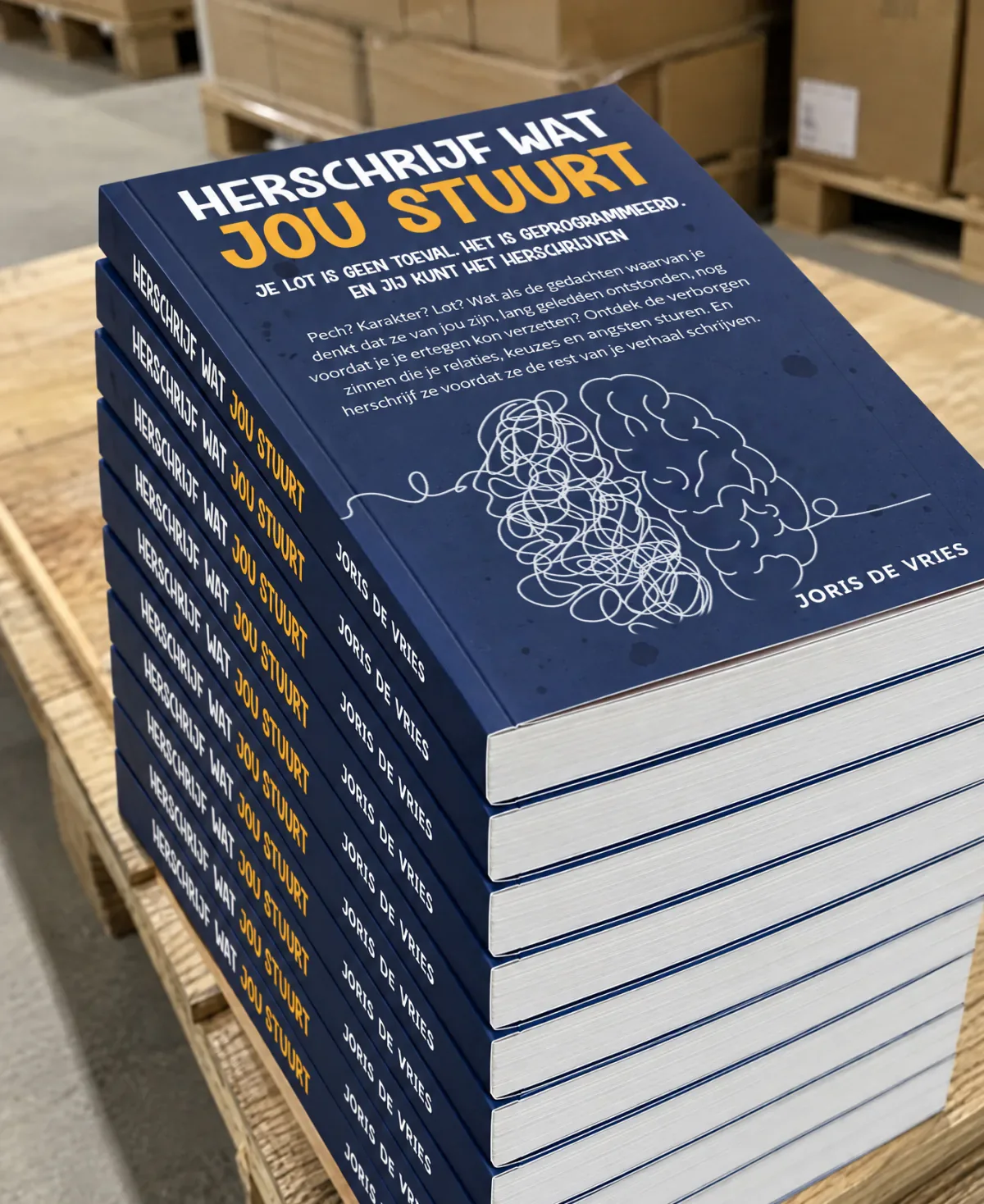 Een stapel exemplaren van Herschrijf wat jou stuurt op een pallet in het magazijn